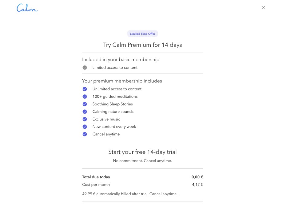 Calm App Paywall and value proposition