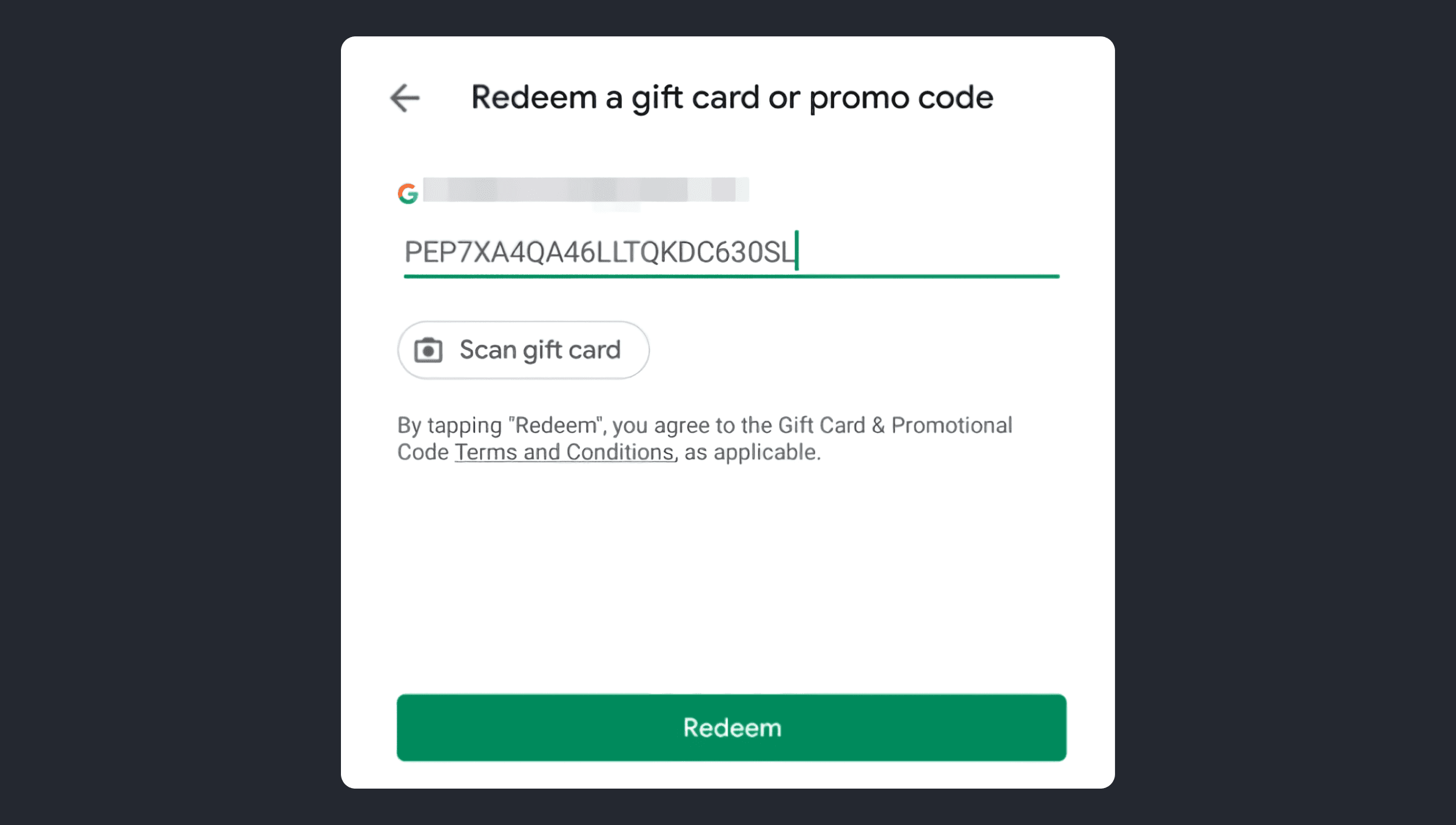 redeem a gift card or promo code