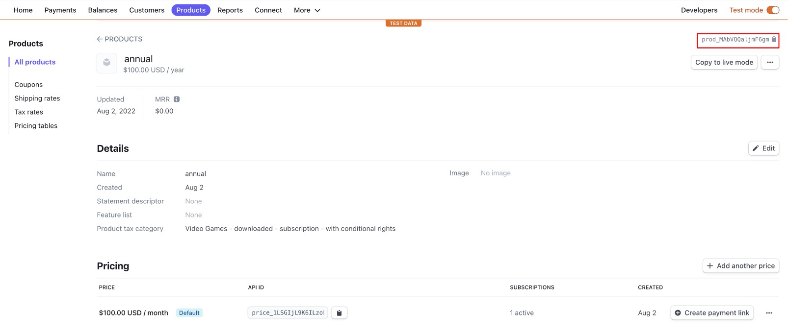 configure Stripe product ID