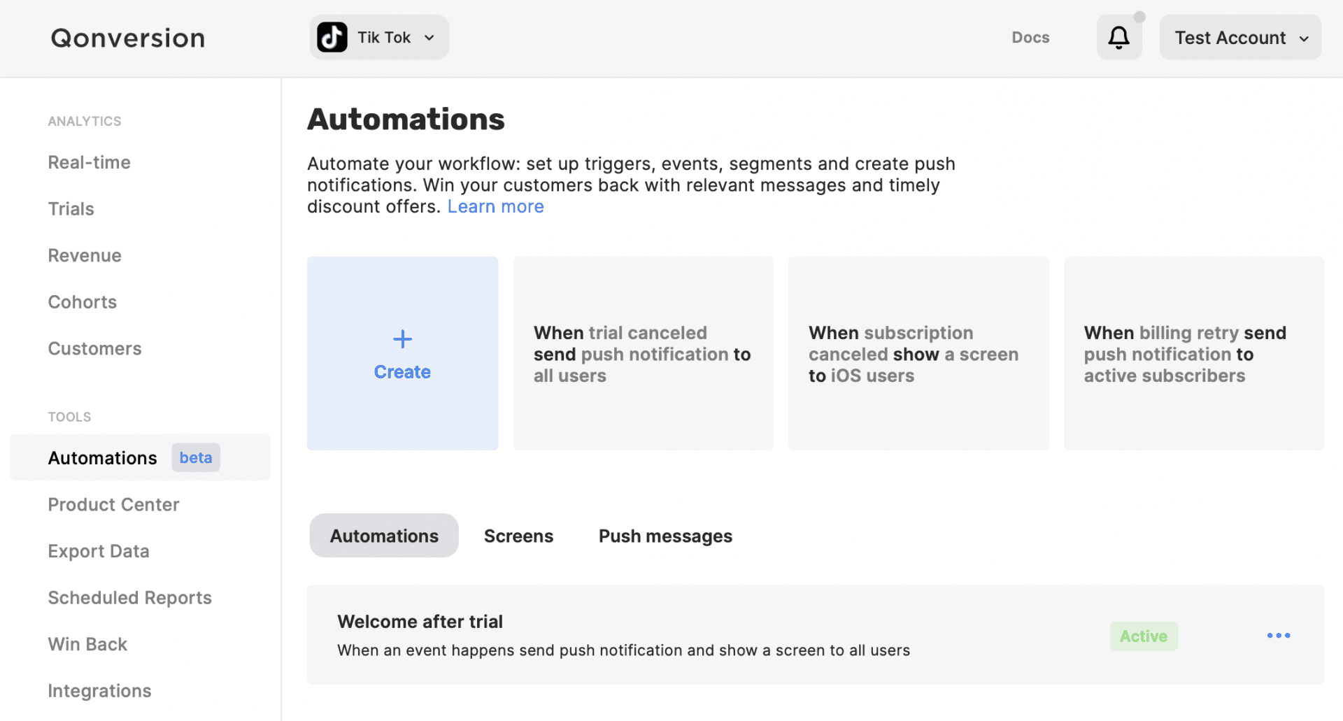 Automation: automated push notifications and no-code in-app messages
