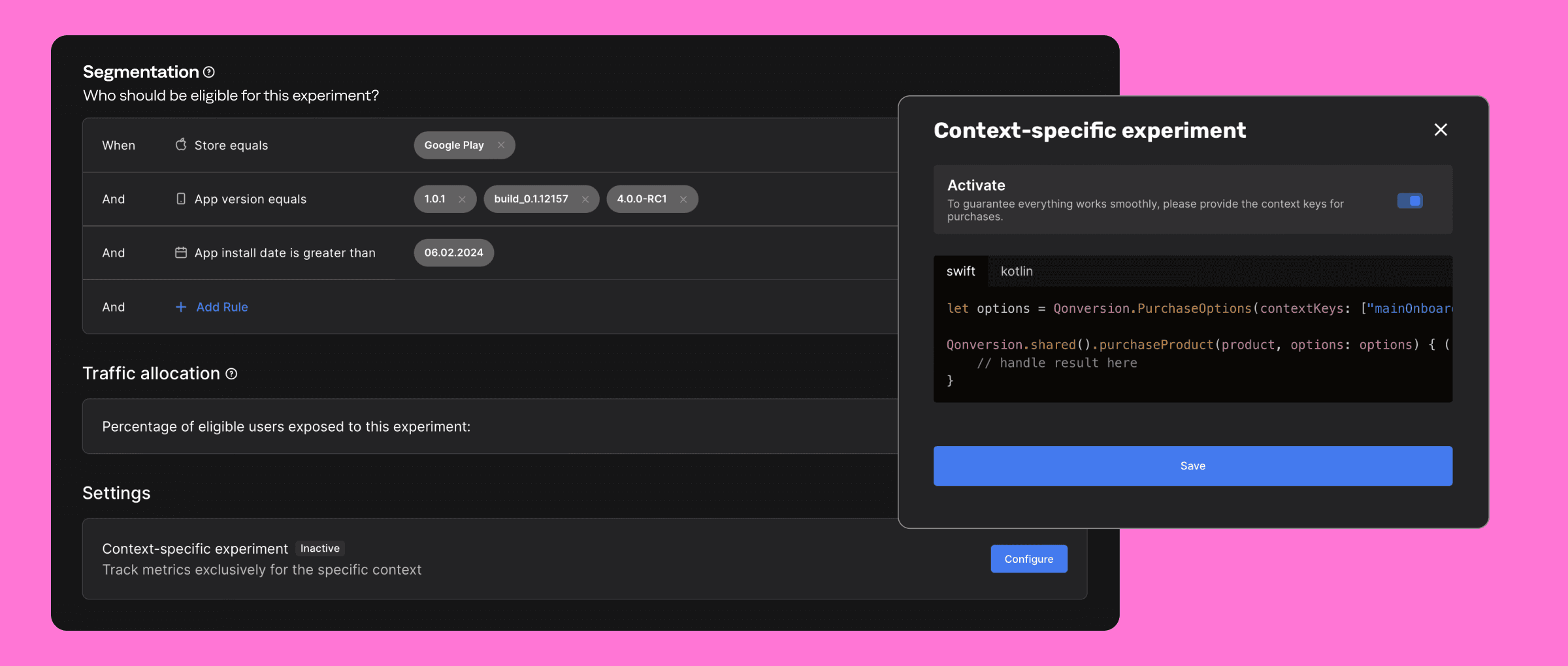 Segment users in A/B test with context-specific experiments
